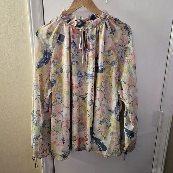 ELIE TAHARI Floral Split V Neck Tie Closure Ruffle Collar LS Top 3X Conservative - Picture 1 of 7